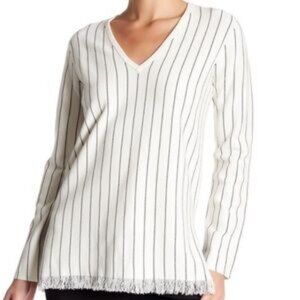 Womens Theory Hayden White Black Striped V-Neck Fringed Knit Pullover Sweater M*